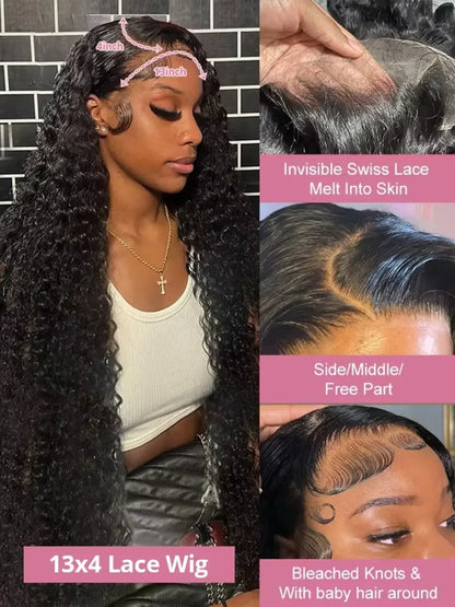 Black 13x4 lace wig with invisible Swiss lace; side and top views