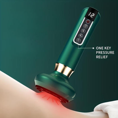 Teal electric gua sha massager with button control panel and textured suction head