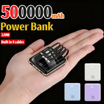 Black mini power bank with four built-in cables, 50000 mAh