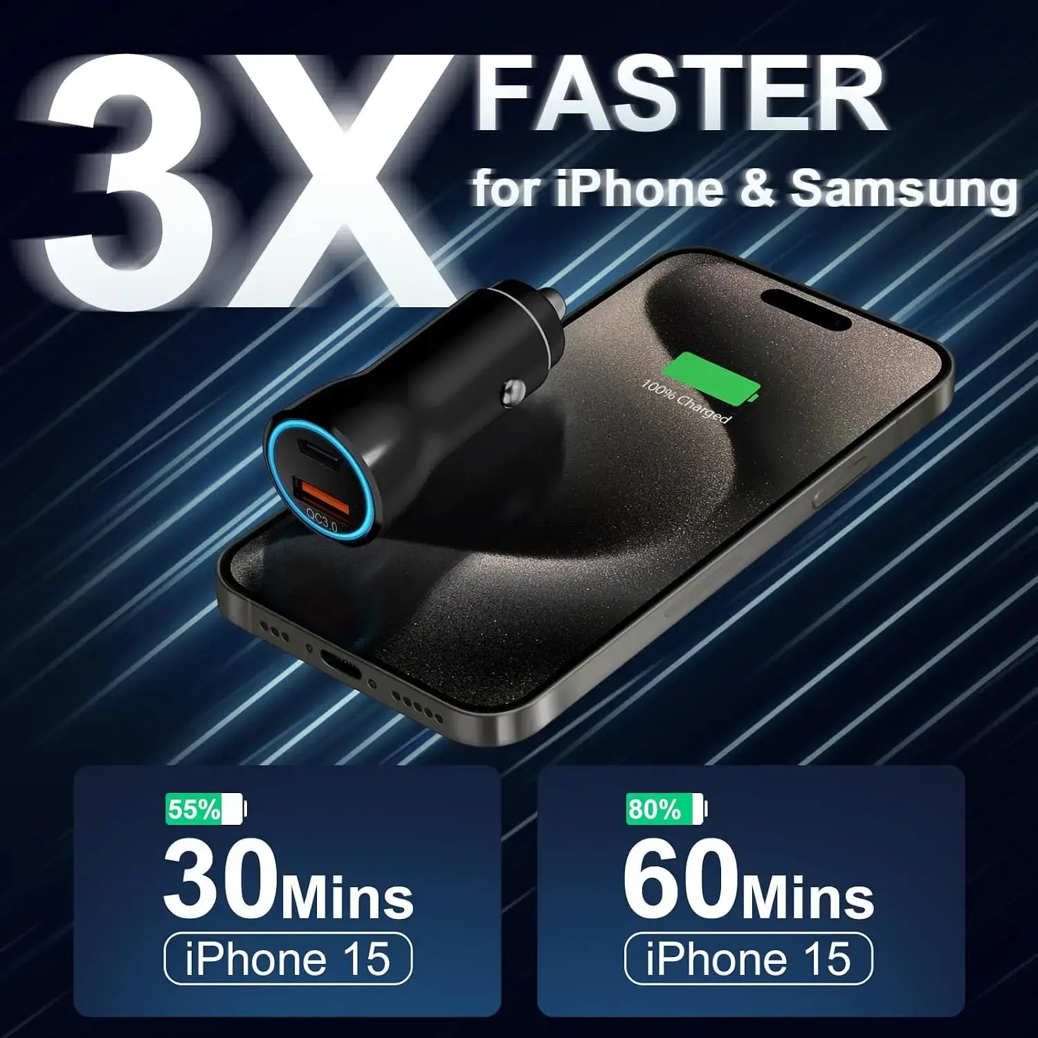Black USB car charger with blue-lit ports and fast-charging cable