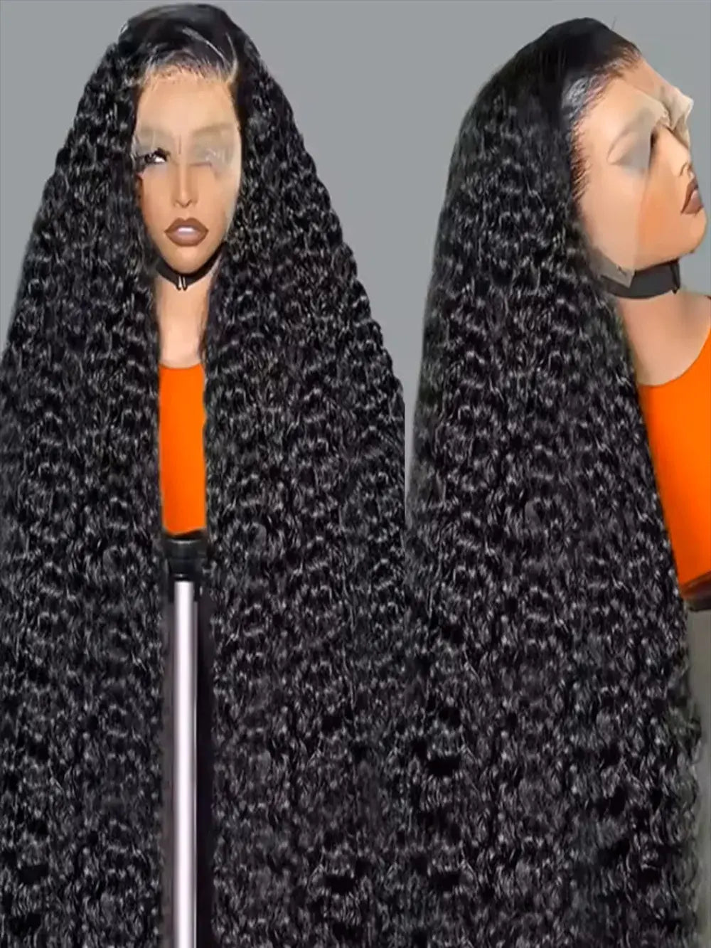 Long black curly deep-wave wig shown from front and side on a mannequin