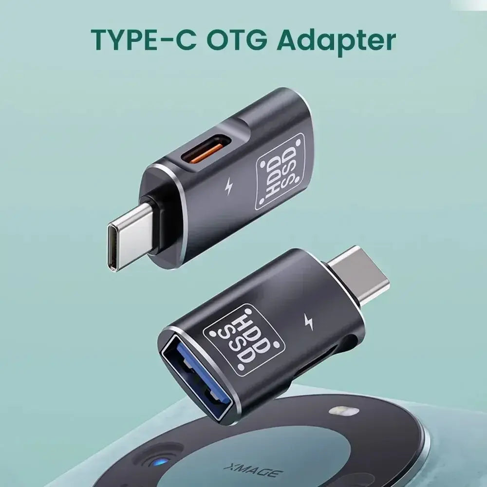 Black Type-C OTG adapter, USB-C male to USB-C female with orange ports