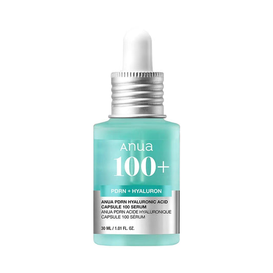 Anua 100+ hyaluronic capsule serum bottle, teal with silver cap and white label
