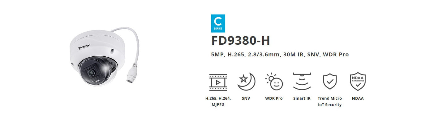 VIVOTEK FD9380-H 5MP Outdoor Fixed Dome IP Camera with Smart IR, WDR Pro, H.265, SNV, IP66/IK10, PoE, 2.8mm or 3.6mm Lens Options