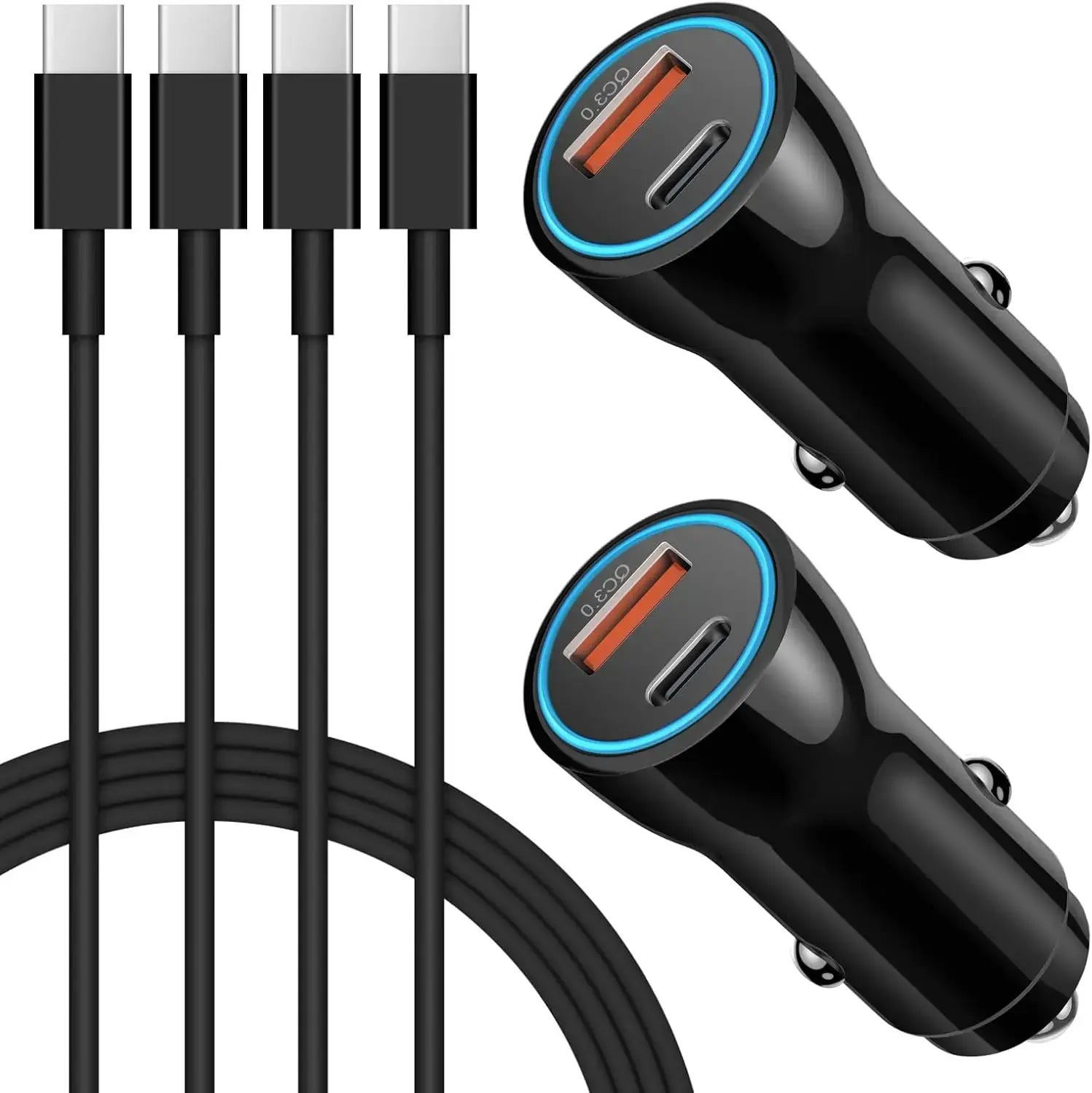 2-pack black car USB chargers with blue-lit ports and attached cables