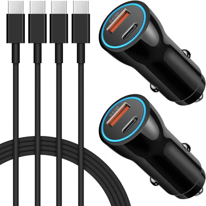 2-pack black car USB chargers with blue-lit ports and attached cables