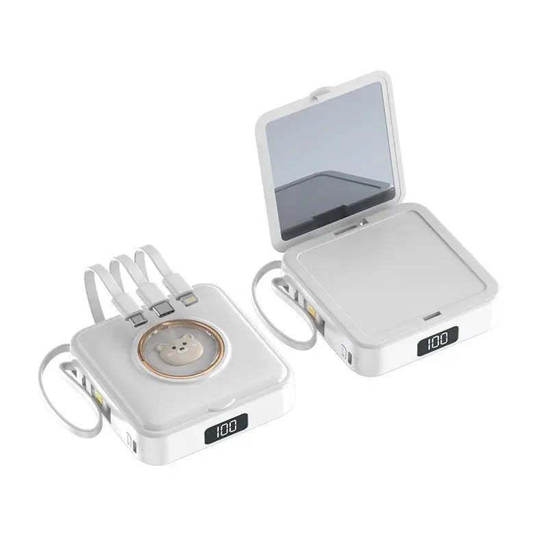 White external battery power bank with flip mirror, pet cartoon badge, and integrated cables