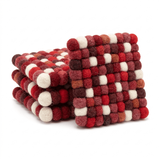Round wool felt coaster, stacked red-brown pattern with white pom border