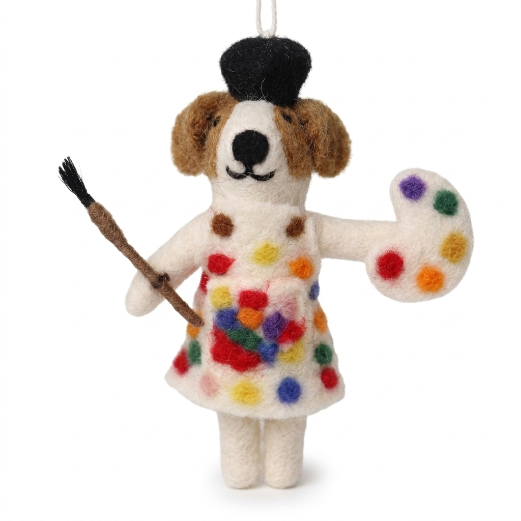 Handmade Wool Felt Artist Dog Ornament