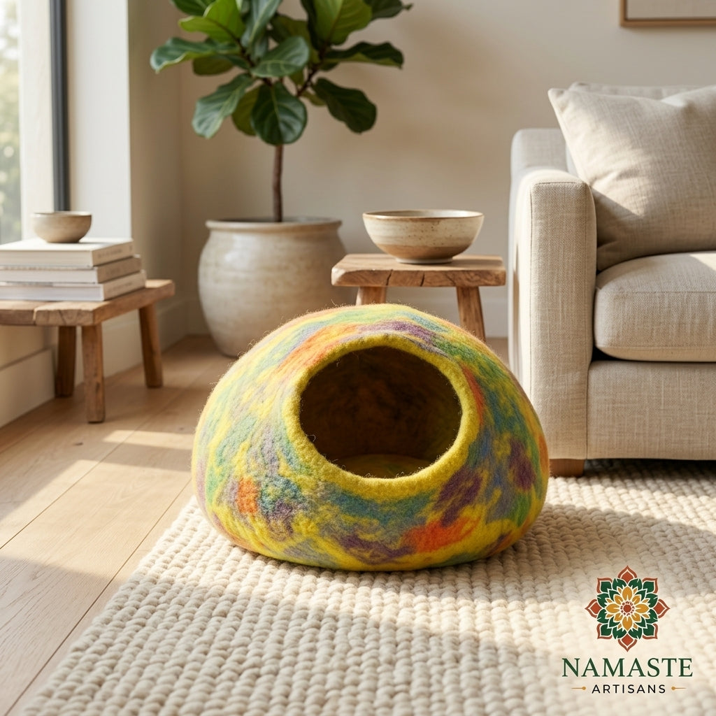Rainbow Yellow Wool Cat Cave Bed
