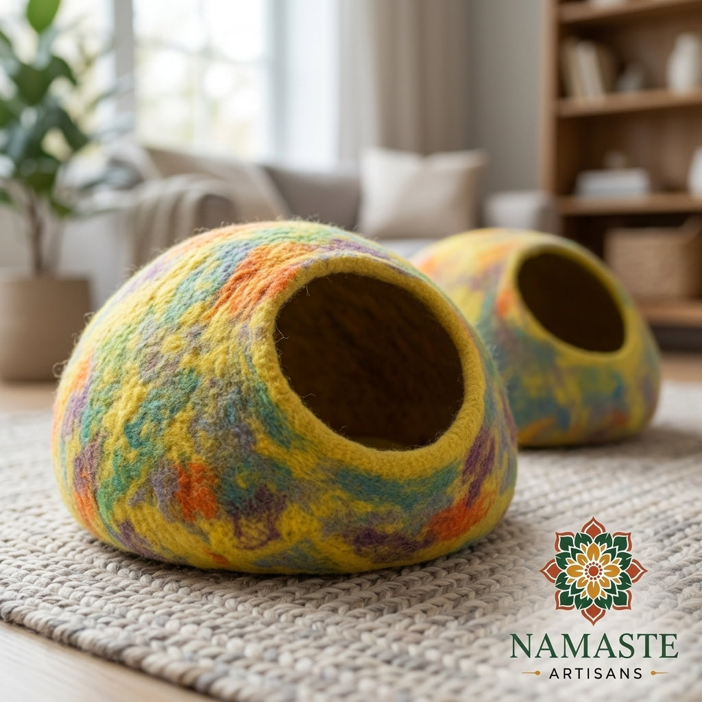 Rainbow Yellow Wool Cat Cave Bed