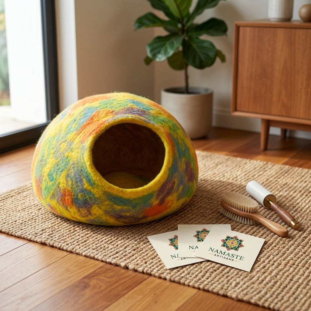 Rainbow Yellow Wool Cat Cave Bed