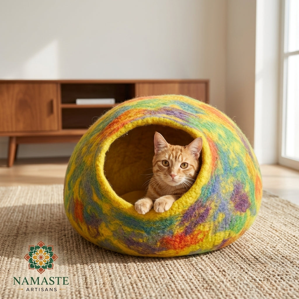 Rainbow Yellow Wool Cat Cave Bed