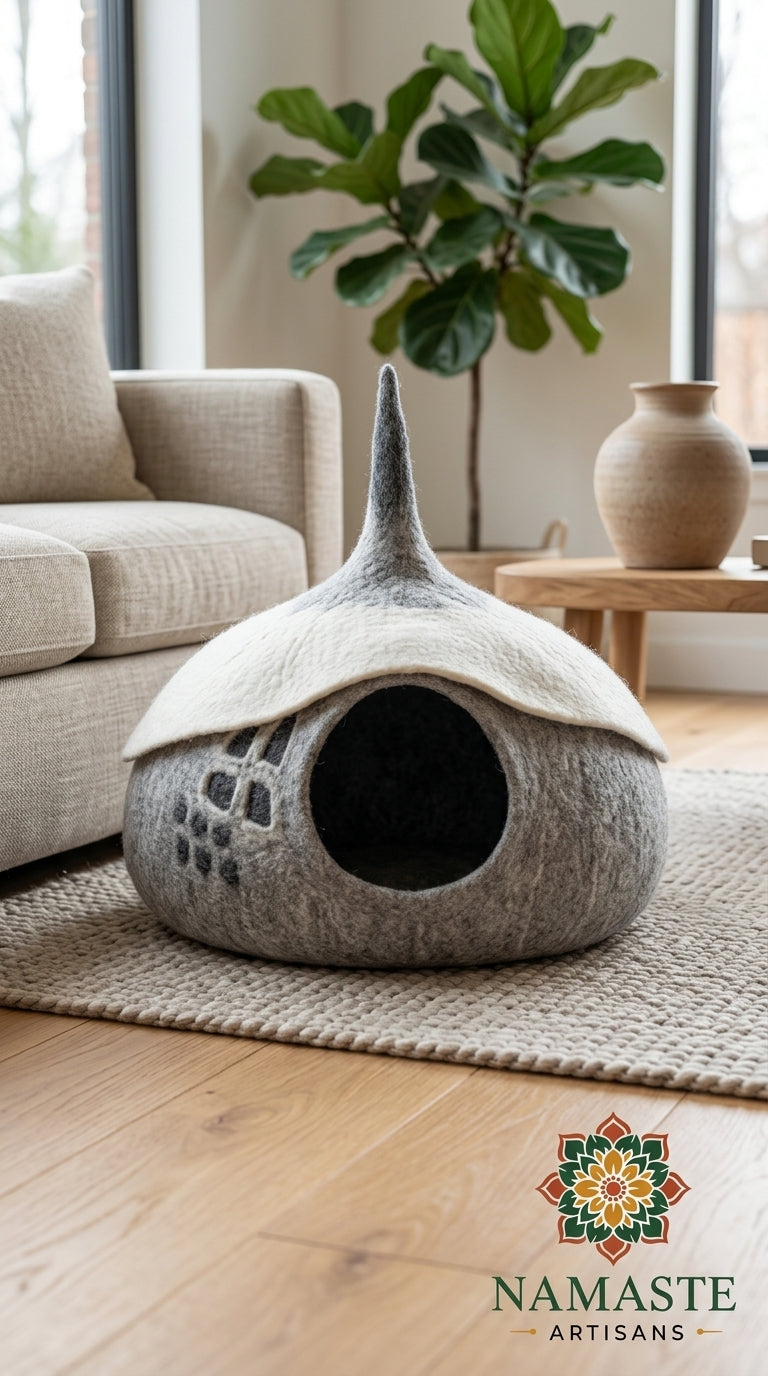 Woodland Acorn Wool Cat Cave Bed