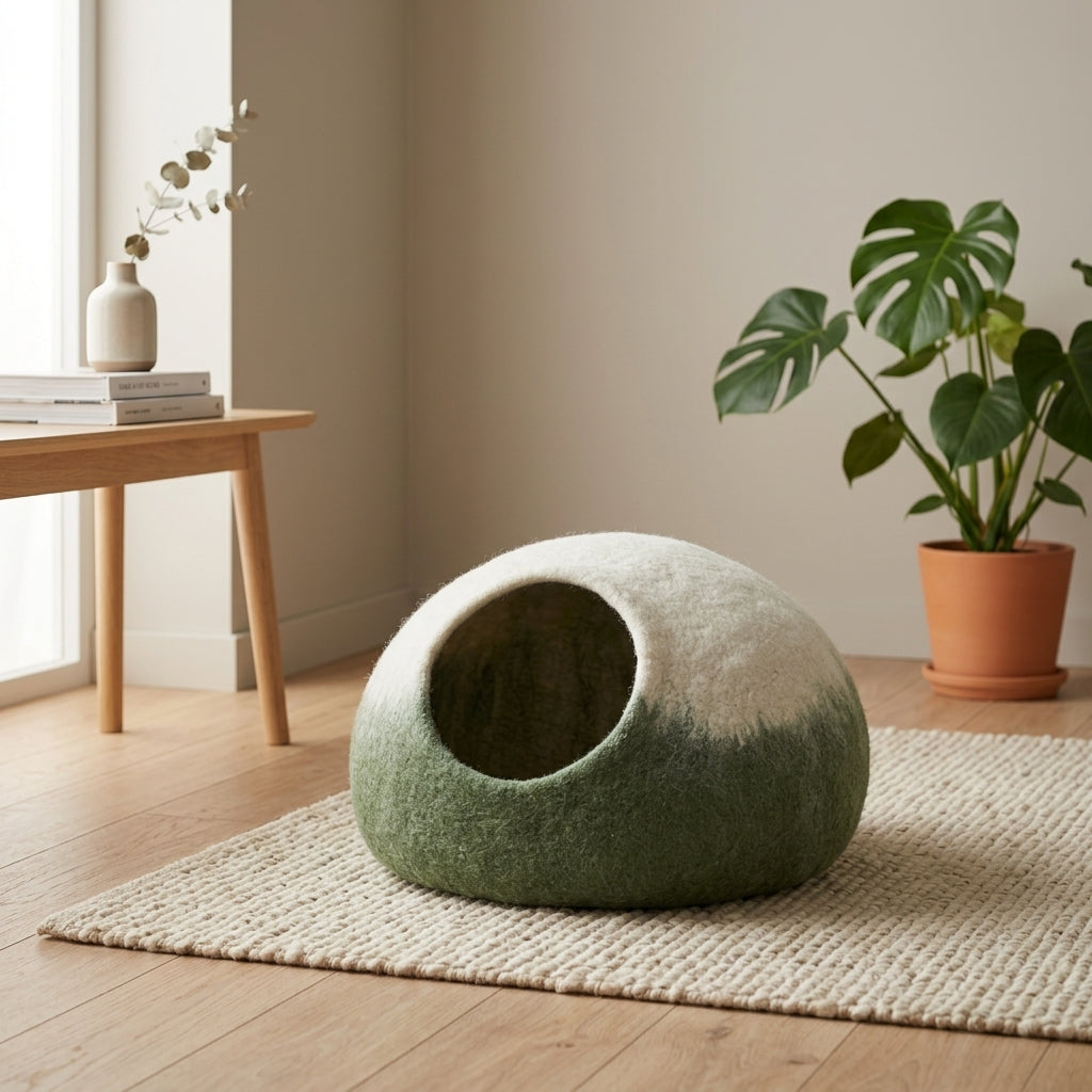Green Ombre Wool Cat Cave Bed