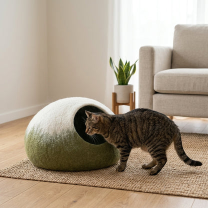 Green Ombre Wool Cat Cave Bed