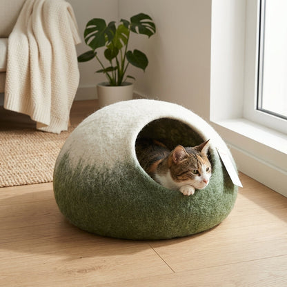 Green Ombre Wool Cat Cave Bed
