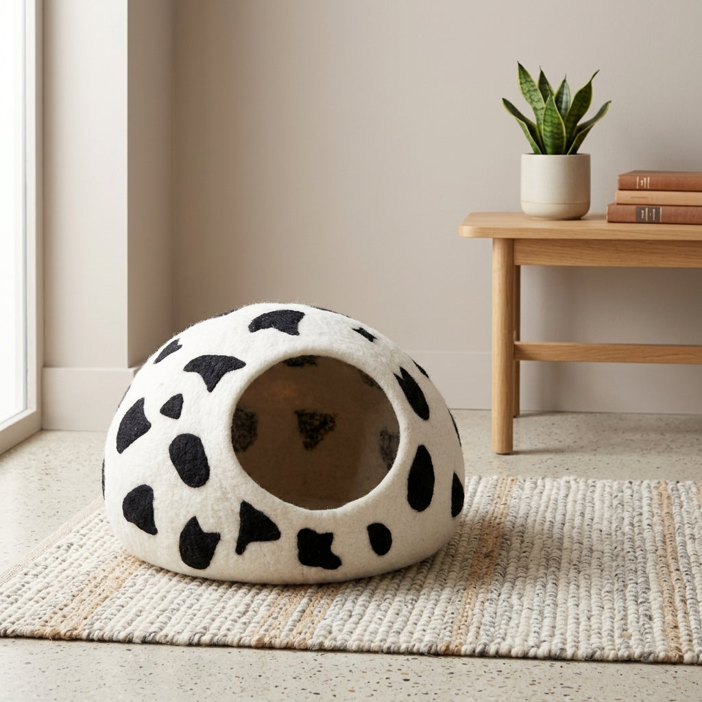 Cow Print Wool Cat Cave Bed