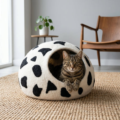 Cow Print Wool Cat Cave Bed