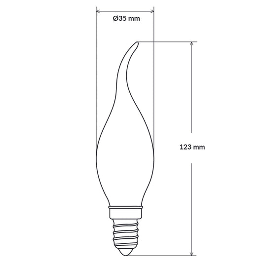 E14 flame-tip candle globe dimensions, 35 mm x 123 mm