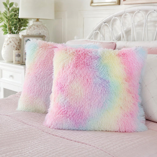 Pastel rainbow faux-fur cushion covers, square pillows with fluffy gradient; shown pair