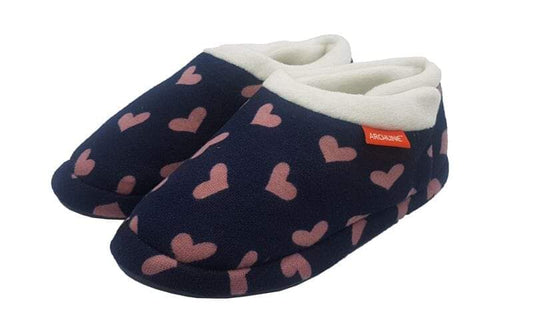 Navy closed-toe slippers with pink heart pattern and soft white fleece lining