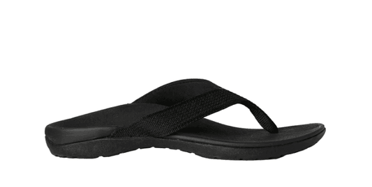 Black womens thong flip-flops with textured footbed and arch support