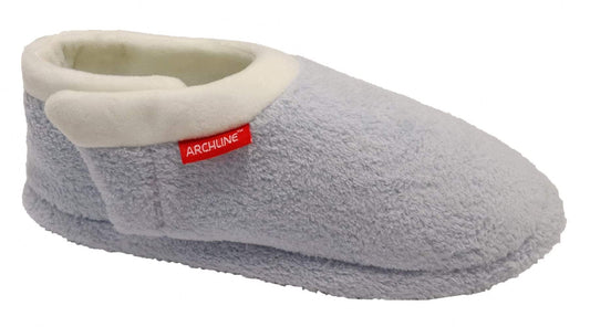 Orthotic closed slippers in light blue with soft fuzzy upper and padded inner lining