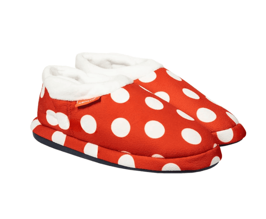Red closed-toe orthotic slippers with white polka dots and white faux-fur trim, black sole