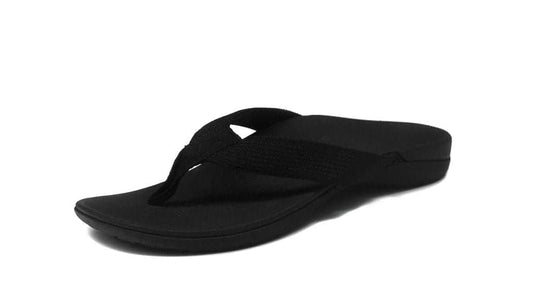 Black womens flip-flops with contoured footbed and wide toe strap