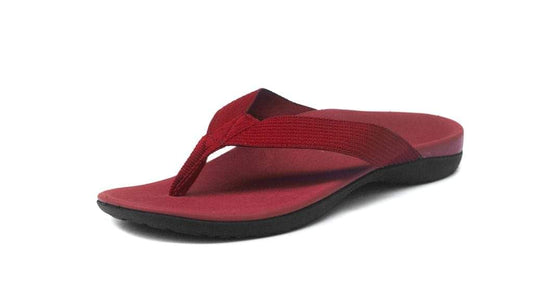Wine red men's orthotic flip flops with wide thong strap and black sole