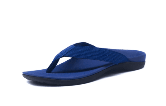 Men's orthotic flip-flops with navy thong straps and textured blue footbed