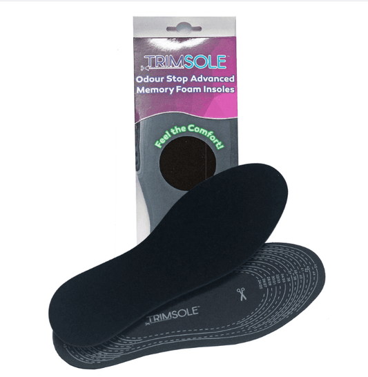 Memory foam insoles, dark blue/black with dotted arch support and trim line markings