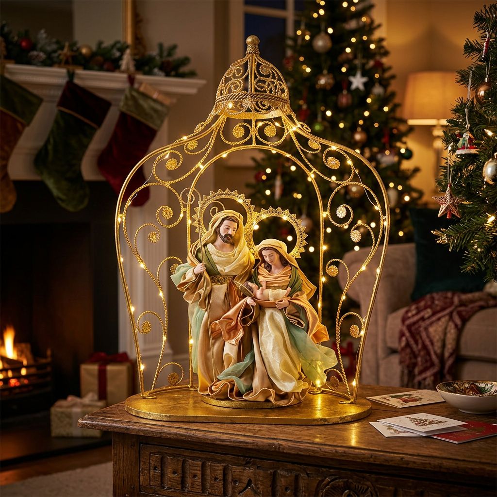 24.5" (63cm) Christmas Holy Family in Gazebo – Large 14" (36cm) Religious Nativity Statue, Handmade Christian Christmas Decoration & Holiday Centrepiece