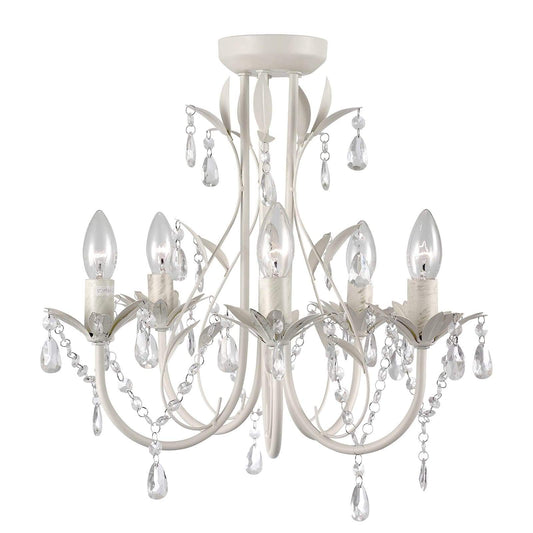 White 5-light leaf chandelier with crystal teardrop chains and candle-style bulbs