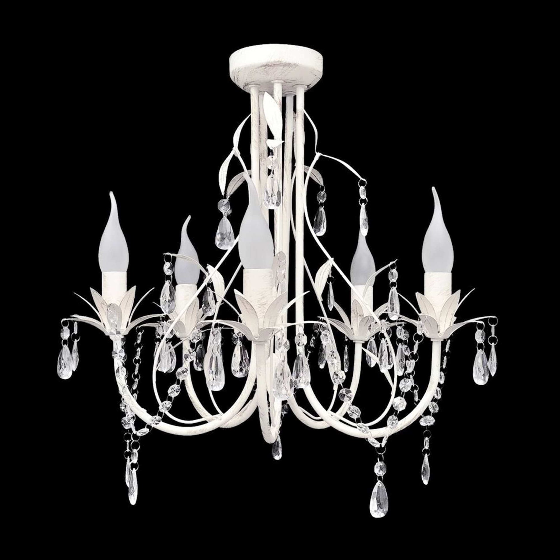 White 5-light leaf chandelier with curved arms, crystal drops, and candle-style bulbs