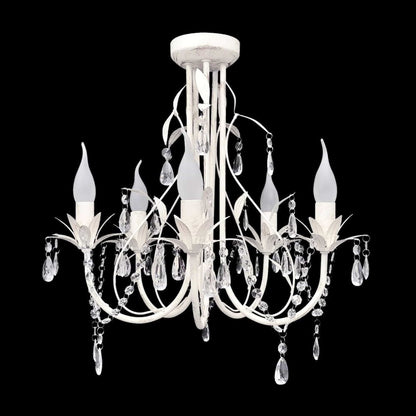 White 5-light leaf chandelier with curved arms, crystal drops, and candle-style bulbs