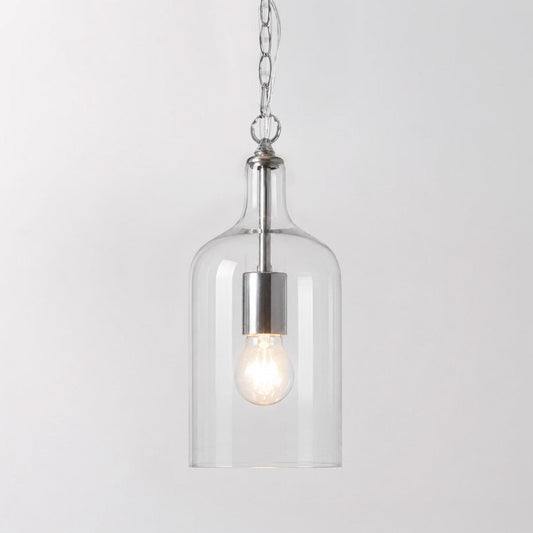 Chrome pendant light with clear glass bell shade and exposed bulb