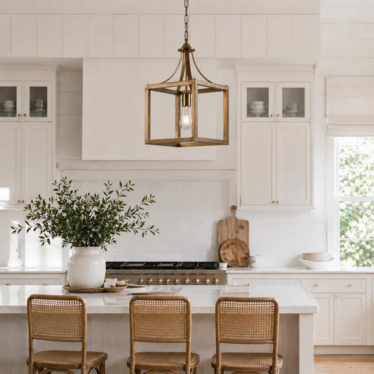 Brushed gold lantern pendant light in metal and glass cage design