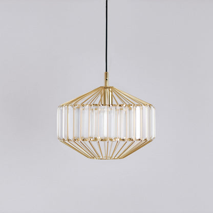 Gold prism glass pendant light with clear ribbed prism panels, centered front view