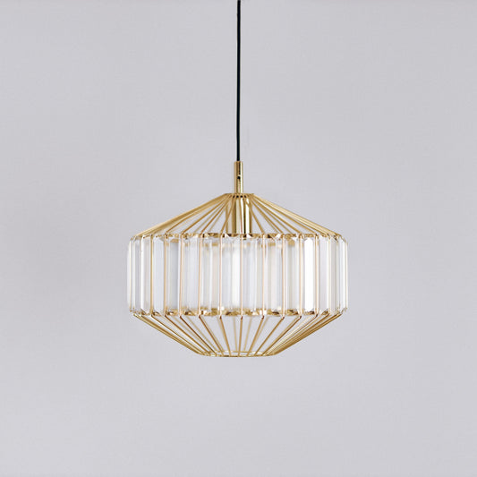 Gold prism glass pendant light with clear ribbed prism panels, centered front view