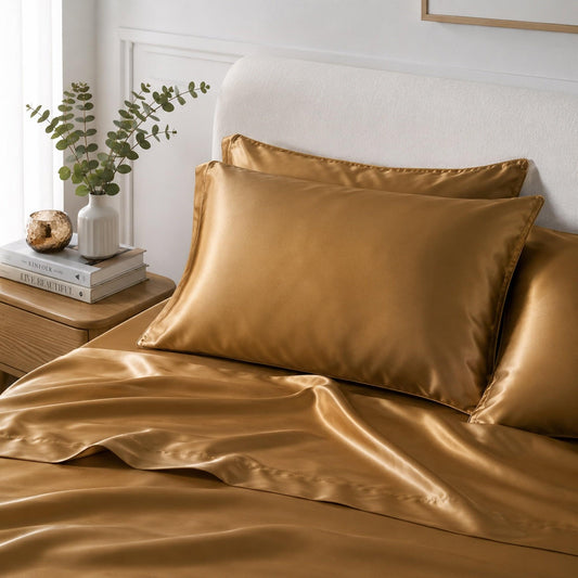 Gold satin pillowcase set on bed, one pillow with envelope closure