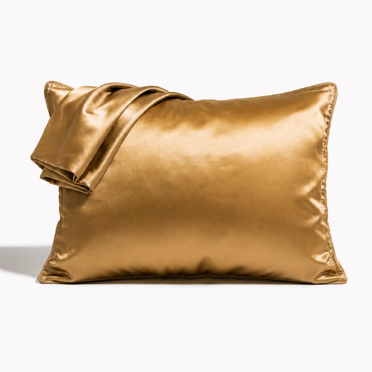 Gold satin pillowcase with piped edge and envelope fold, set of two
