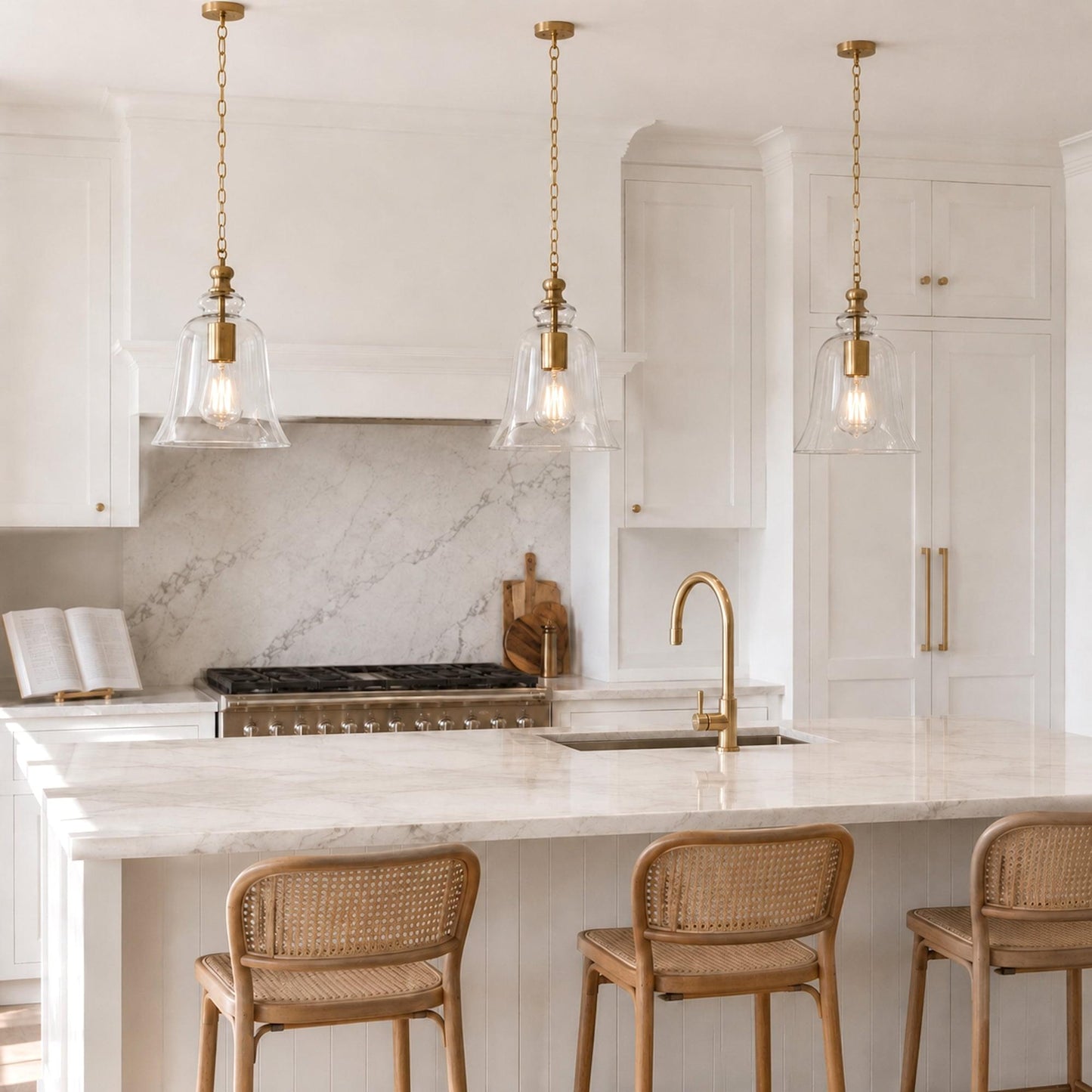 Gold bell pendant light with clear glass shade and hanging chain, above a counter.