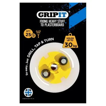 GRIPIT 15mm Plasterboard Anchor – Yellow – 25 Pack | Heavy-Duty Wall Fixings | Holds Up to 30kg – GRIPIT-15MM-YELLOW-25PK