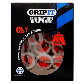 GRIPIT 18mm Plasterboard Anchor – Red – 8 Pack | Heavy-Duty Wall Mount Solution | Holds Up to 40kg – GRIPIT-18MM-RED-8PK