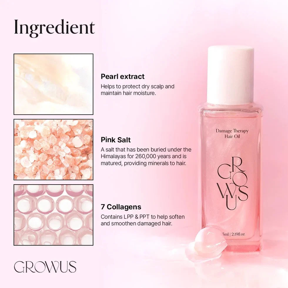 Hair oil bottle with white cap beside ingredient icons, pink-tinted liquid