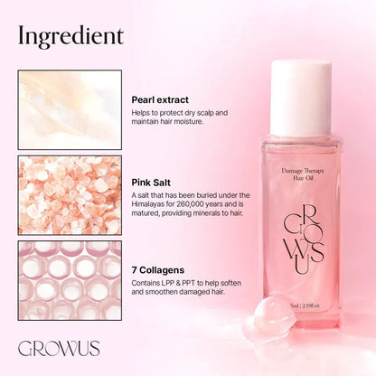 Hair oil bottle with white cap beside ingredient icons, pink-tinted liquid