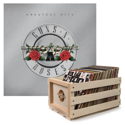 Light wood record storage crate with open front and stacked vinyl records inside