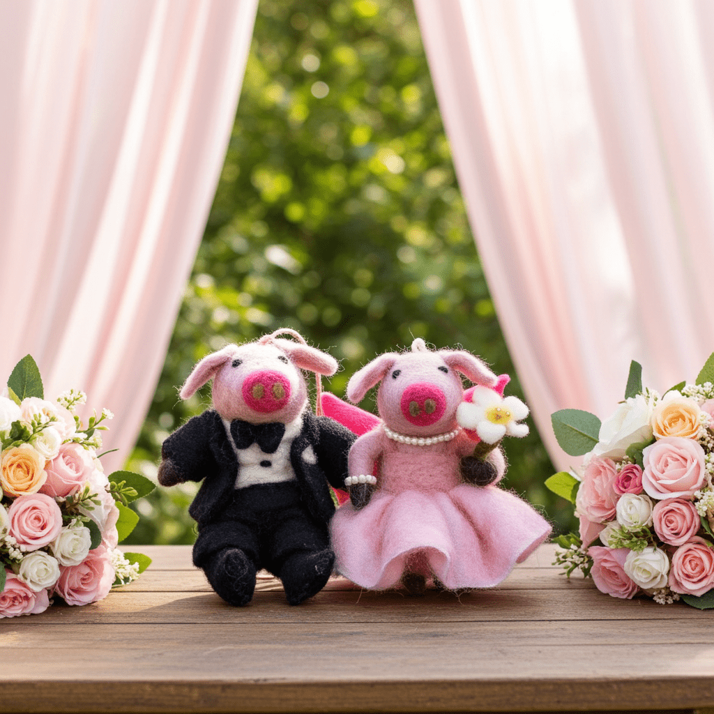 Handmade Wool Felt Wedding Pig Couple Ornament